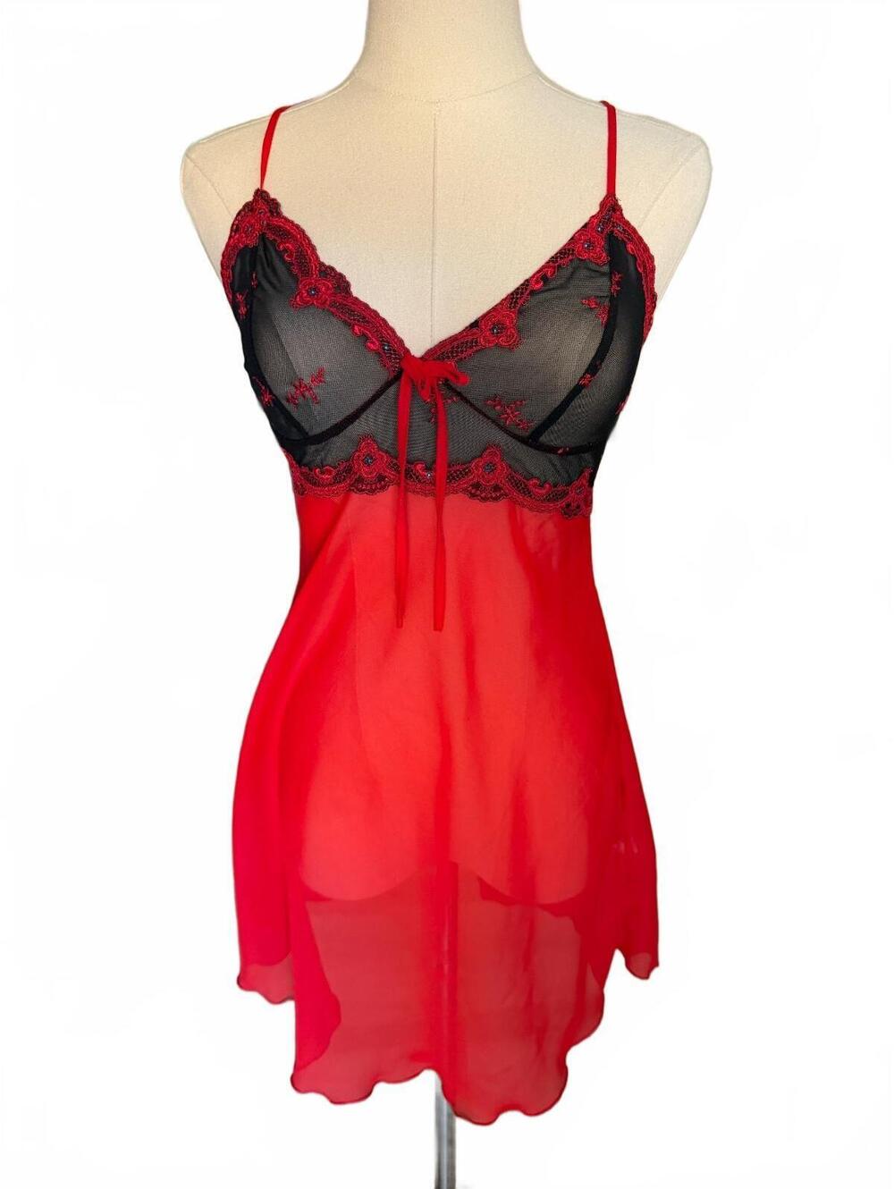 Red and Black Sheer Lace Babydoll Nightgown with Adjustable Straps